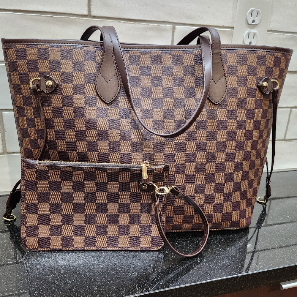 Brown Checkered Tote with Pouch